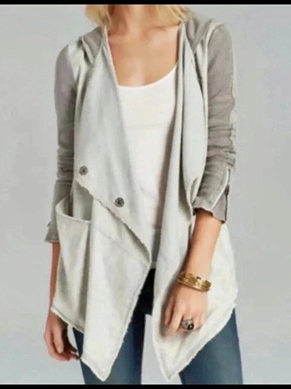 Free People Gray Drippy Linen Asymmetrical Snap Hoodie Versatile Jacket
Small EU